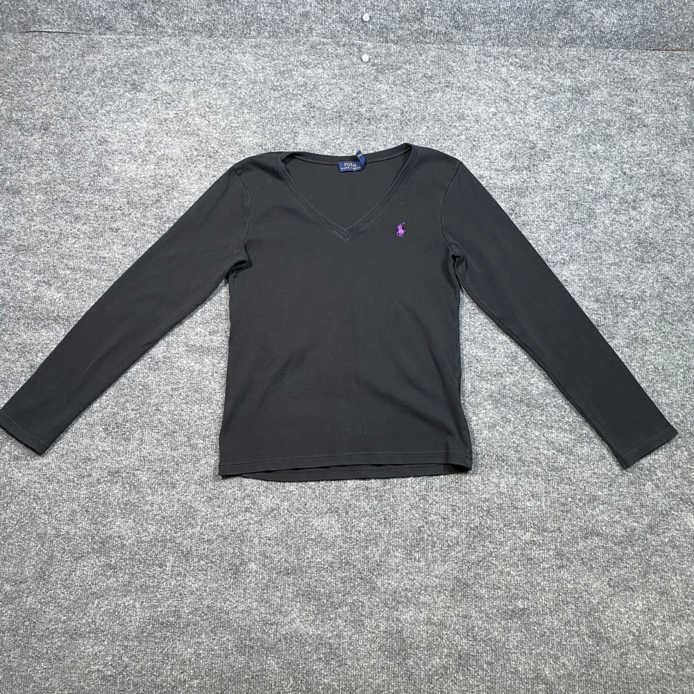 Polo Ralph Lauren Womens Black V-Neck Long Sleeve Tee Purple Pony Logo Size L